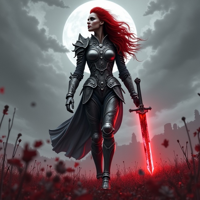 A striking image of a battle-scarred field drenched in shades of crimson and gray dominates the background. At the center, a fierce woman clad in intricately detailed metallic armor is walking confidently, her silhouette illuminated by a silvery glow. Her flowing red hair streams behind her as if caught in a gust of wind. In her right hand, she carries a blood-stained sword angled downward, its crimson streak glinting against the grayscale tones. The sky above is stormy and turbulent, adding an intense, dramatic atmosphere. A faint outline of ghostly, defeated warriors fades into the ethereal mist on the horizon.