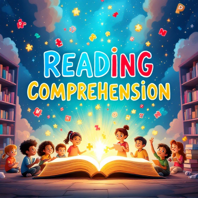 The cover features a group of diverse cartoon-style children sitting in a semi-circle on the ground, each engrossed in a colorful book. Some children are smiling, while others appear amazed as floating letters, puzzle pieces, and glowing symbols emerge from the open book in front of them. The scene is set against a backdrop of a whimsical, brightly-colored bookshelf that stretches into an endless, magical sky of clouds and sparkles. An oversized glowing open book is placed beneath the title at the top center, casting a warm golden light upward, forming a halo-like effect.