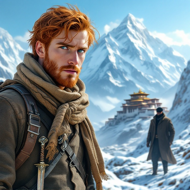 The cover depicts a breathtaking snowy landscape of the Tibetan mountains, sprawling under a crisp blue sky. In the foreground, slightly to the left, stands the red-haired protagonist with piercing blue eyes dressed in rugged 1920s attire, his vintage travel scarf fluttering. A small yet intricately designed ornate dagger is secured to his belt. His gaze is fixed on a grand, mysterious monastery perched high on a mountain in the distance. A secondary male figure, taller and shrouded in shadow for intrigue, is positioned farther back, adding an air of mystery. The mountainous background fades into foggy whiteness, making the monastery glow faintly.