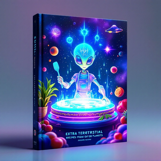 The cover showcases a vibrant cosmic kitchen scene. A glowing holographic cookbook floats in the center, radiating soft blue light, its pages filled with surreal, abstract alien recipes and glowing ingredients. To the sides, colorful alien fruits and vegetables hover in mid-air, their translucent properties shimmering under the cosmic light. Above, a whimsical, friendly alien chef, with shimmering green skin and wide, curious eyes, is holding a futuristic spatula. The background is a glowing nebula, with vibrant swirling colors of purple, blue, and pink, peppered with stars, planets, and faint galaxies. Hovering in the distance, a sleek spaceship and a sparkling space station subtly blend into the scenery.