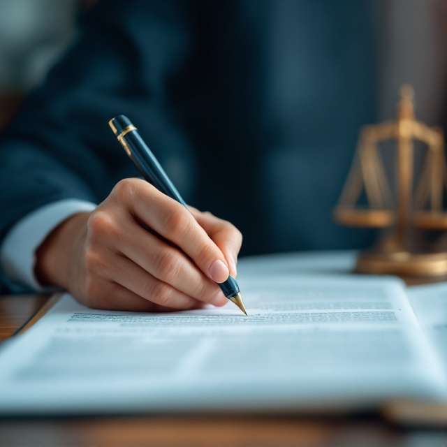 A close-up image of a hand holding a pen, actively writing on a document that features structured legal outlines and paragraphs. The background fades into soft hues of deep blue and warm beige, suggesting formality and sophistication. Subtle watermarks of scales of justice and legal symbols add depth without overpowering the central focus.