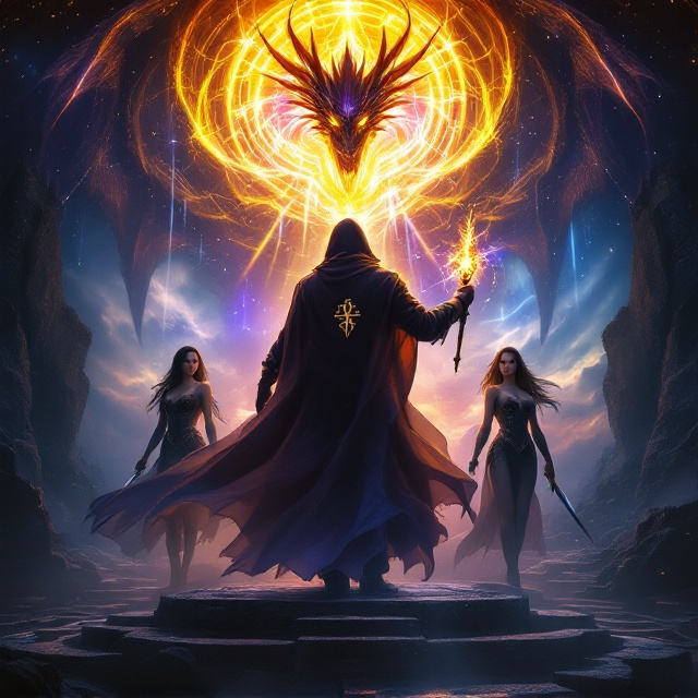 The cover features Lumiel at the center, garbed in a dark, flowing, and mysterious manto illuminated by faint runic symbols. He holds a glowing staff in his hand, with the light emitting a magical aura. Flanking him are Ária, a poised and fierce elfa wielding dual daggers, and Enid, a stoic figure with enchanted armor. Behind them looms the outline of a massive, imposing dragon, its eyes glowing menacingly, perched above a labyrinth shrouded in darkness. A swirling portal of vibrant magical energy, a mix of gold and purple, occupies the top portion of the cover, with rays of divine light piercing the stormy blue-hued skies.