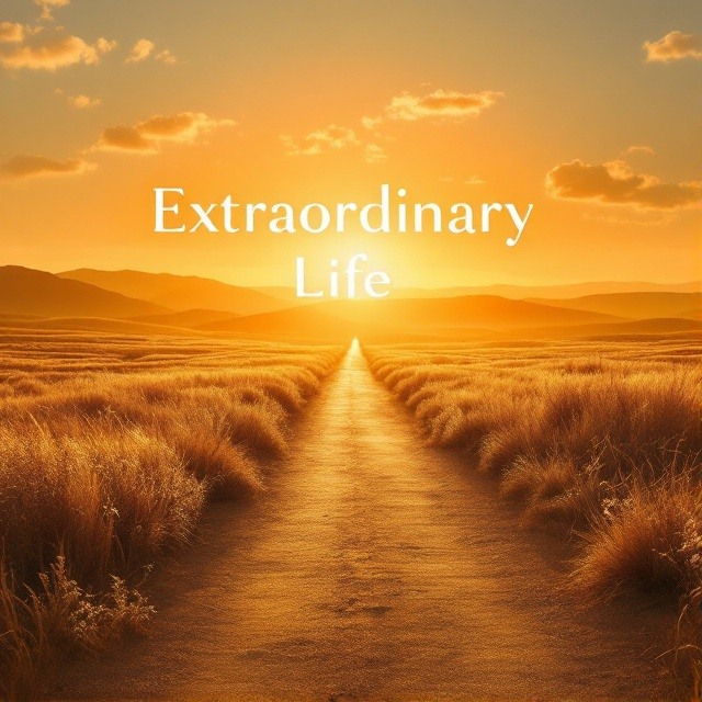 A serene sunrise scene with golden light shining over a landscape. The foreground features a single pathway leading to the horizon, symbolizing a journey. Light, whimsical clouds are scattered in the sky, evoking positivity and possibilities. Subtle texture overlays add depth to the picture, with warm tones dominating the palette.