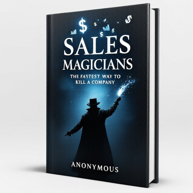 The cover features the silhouette of a mysterious magician performing a spell with a wand, but instead of magical sparks, dollar signs and charts float in the air. The magician is positioned slightly off-center on the left. The background is a gradient of dark blue transitioning to black at the edges, giving a sense of depth and mystique. Glossy accents on the floating symbols add allure, while a subtle, textured overlay suggests a sleek leather business journal. Shadows and soft light elements create contrast and a sense of trust.
