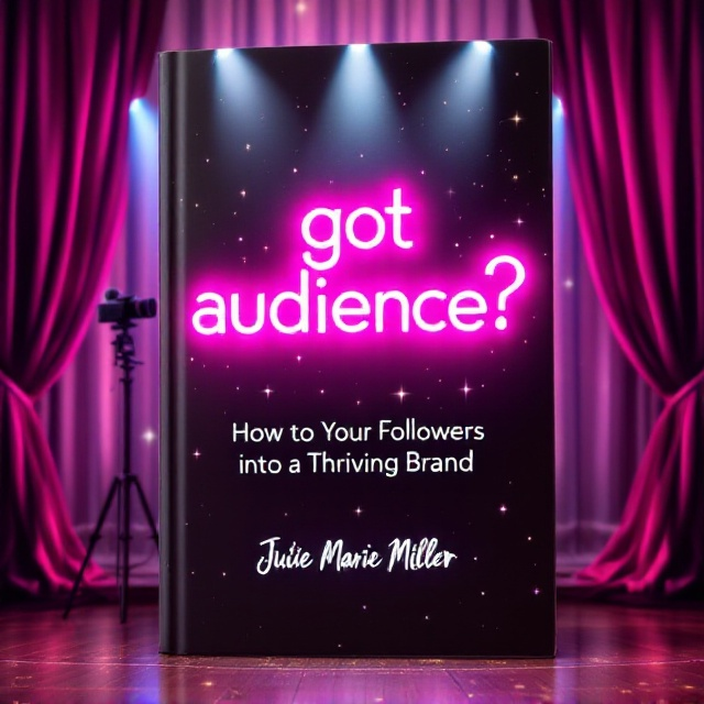 A stylized Hollywood marquee with glowing neon pink and white lights. The title "got audience?" is front and center in bold, retro bubble-gum pink capital letters framed by a vintage theater stage with flowing curtains. Spotlights shine upward, giving it a dramatic, ambitious tone. A retro TV camera and microphone are subtly placed in the corner to hint at the entrepreneurial journey and the theme of building a media brand. The background is soft white with subtle glittery star overlays, evoking glamour and empowerment.