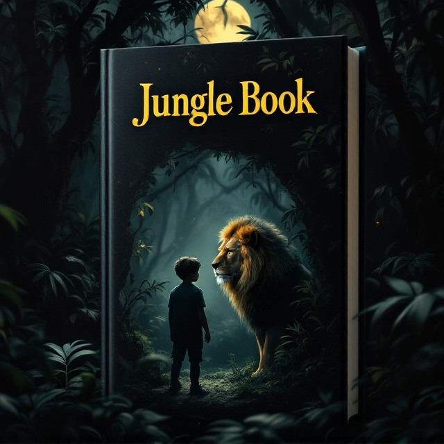 A dark, dense jungle at night with shadows and foliage, casting an air of mystery. At the front, a little boy with a timid expression standing next to a regal, watchful lion. Both are partly illuminated by moonlight breaking through the jungle canopy, creating a contrast between light and shadow.