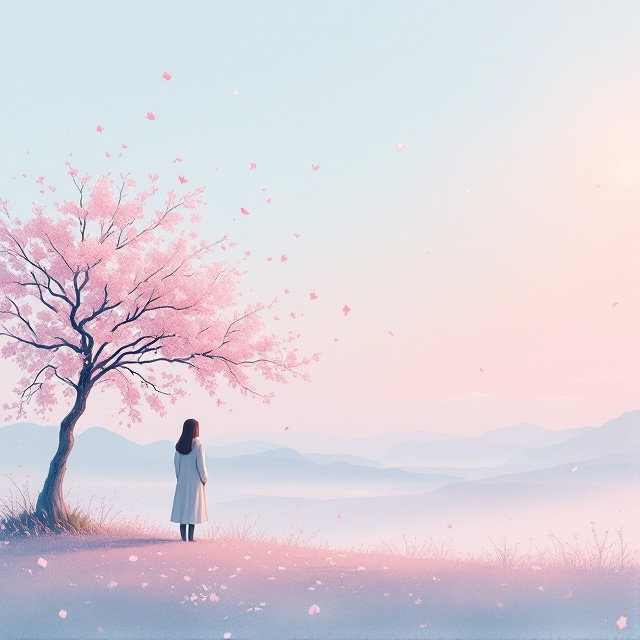 A soft watercolor illustration of a lone figure standing beside a cherry blossom tree that is in full bloom. The background fades from a soft pink to a pale blue, representing dawn. Petals from the tree are gently falling, and a distant landscape can be seen through the haze. The mood is serene yet melancholic.