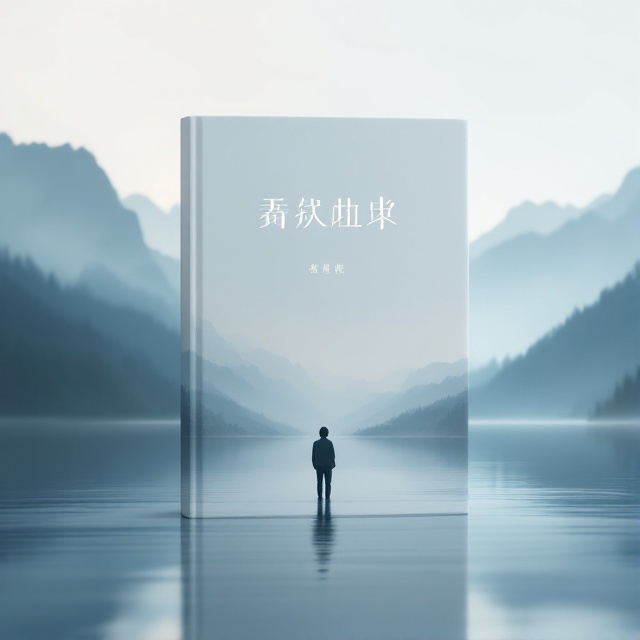 A solitary figure stands at the edge of a tranquil lake, surrounded by misty mountains in the background. The figure's reflection on the water adds depth to the scene. The color palette features soft blues and grays, with subtle hints of gold as sunlight breaks through the fog.