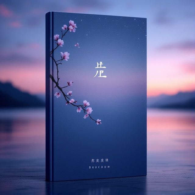A solitary, elegant cherry blossom branch set against a gradient twilight sky, transitioning from deep blue to soft pink. The background contains a subtly blurred image of a distant, serene lake with gentle ripples.
