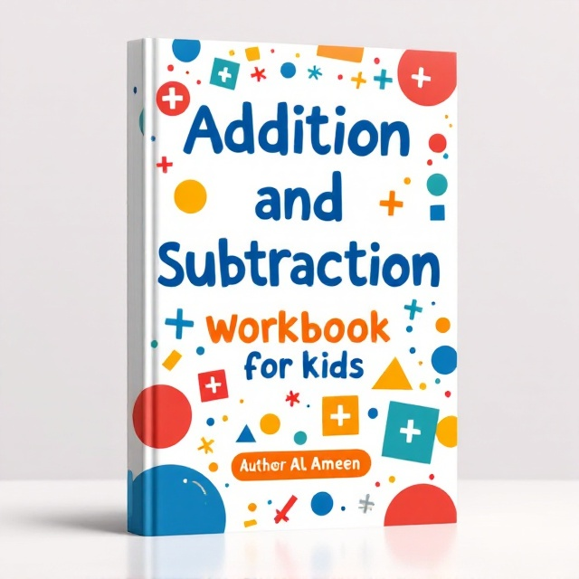 Vibrant and playful geometric shapes (circles, squares, triangles) scattered across the cover with different colors like red, blue, yellow, and green on a white background. The shapes are arranged in a dynamic, fun pattern with some shapes containing math symbols (+ and -) inside them.