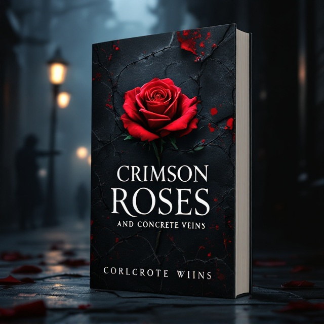 A dark, palpable crimson rose emerging from cracked concrete veins with subtle blood trickles. The background fades into inky blackness, interrupted by the glow of a dim streetlamp in a foggy alley. A shadowy silhouette of a mysterious figure merges into the background, holding a faint glinting gun. Hidden within the petals of the rose are faint outlines of barbed wire.