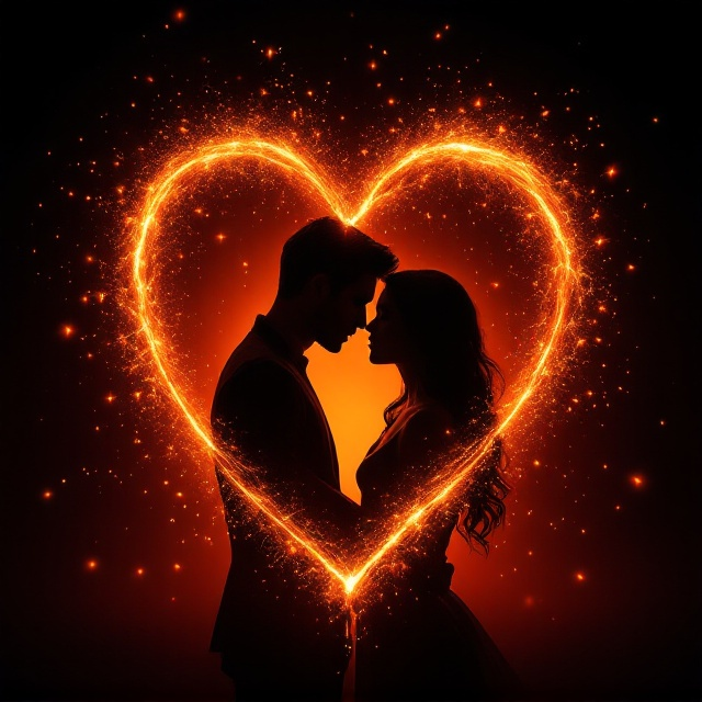 A glowing ember-red background fades into deep black at the edges, symbolizing smoldering passion. In the foreground, shadowed silhouettes of a couple stand close, noses almost touching, their intimate pose set alight by a swirl of fiery sparks moving around and between them. The embers create a heart-like shape subtly framing the couple.