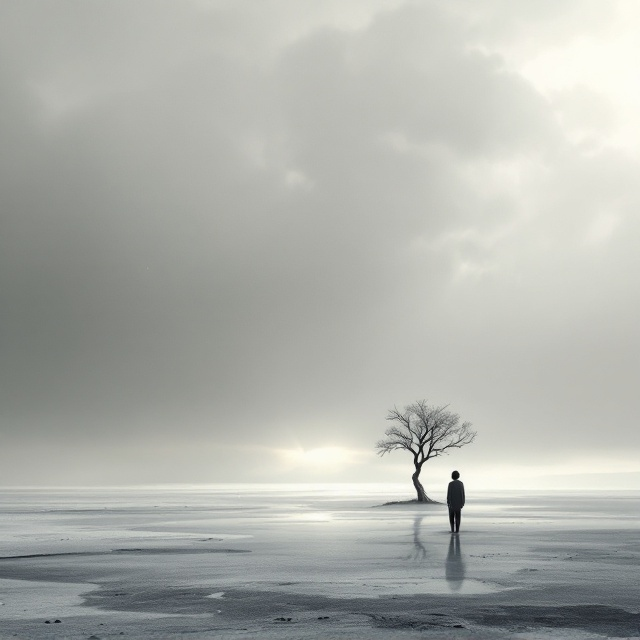 A lone figure stands on a vast, desolate landscape beneath a gray, overcast sky. The figure is small, almost insignificant against the immensity of the environment. The terrain is sparse and barren, with only a single, twisted tree in the background. A subtle reflection of the figure on the ground suggests inner duality. A faint beam of muted sunlight breaks through the clouds, offering a glimmer of hope amidst the somber scenery.