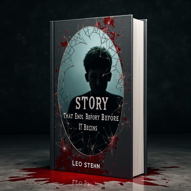 A dimly lit room forms the background with minimal lighting coming diagonally from the top to cast long shadows. A fragmented, shattered mirror occupies the center of the cover, extending across most of the page. Splashes of deep crimson-red blood stains are visible on the shards of glass. The reflection in the mirror faintly shows the eerie silhouette of a young man, with undefined features, fading into darkness. The edges of the cover are slightly faded into black, creating a vignette effect and emphasizing the haunting atmosphere.