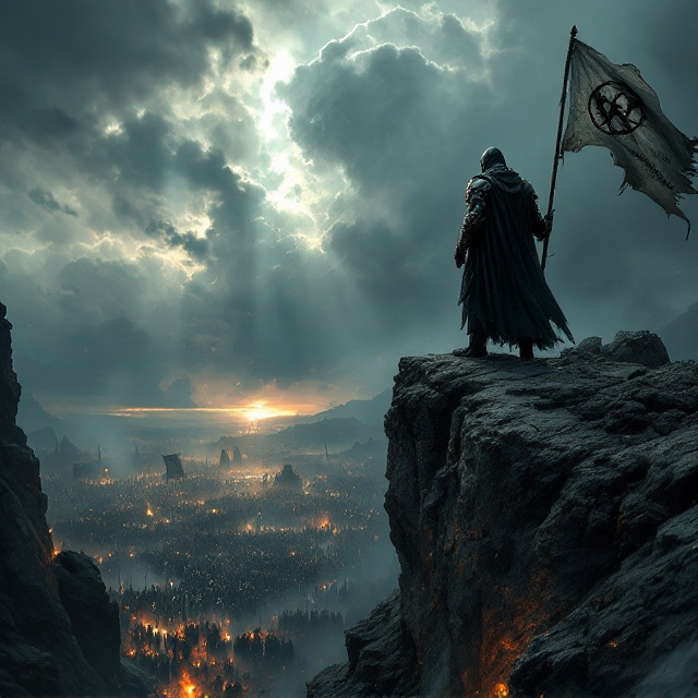 A shadowy figure clad in medieval armor stands atop a rocky cliff overlooking a vast battlefield. Dark, menacing skies are split by beams of light breaking through scattered storm clouds. The battleground below features a chaotic swirl of soldiers, swords, and fire. A tattered flag bearing an unknown sigil waves in the wind, symbolizing hard-fought liberation. The diary imagery—a subtle addition—is represented by faint ink marks and handwritten text subtly blended into the stormy sky, evoking secrecy and introspection.
