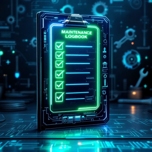 A sleek, futuristic workshop with a glowing, floating digital clipboard prominently displayed in the center, showcasing a vivid maintenance checklist with checkboxes ticked in neon green. Holographic gears, wrenches, and industrial tools encircle the clipboard, spinning slowly in blue and silver hues. These elements emanate a subtle neon glow, casting reflections on a metallic background. The backdrop features a dark, brushed-steel surface with faint blueprint-inspired holographic designs seamlessly fading into deep blues. The lower half of the cover hints at a futuristic calendar and notebook embedded in the metallic surface, with glowing neon accents that blend with the floating tools.