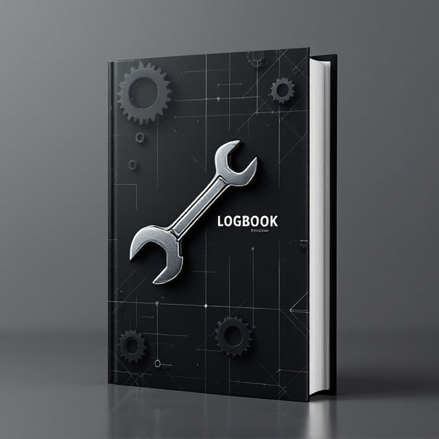 A minimalistic dark background featuring a central metallic wrench icon outlined in silver, positioned diagonally. Shadowed gears overlap faintly in the backdrop, creating a subtle texture. The title "Maintenance Logbook" is bold and centrally placed, balancing perfectly with the wrench icon. Linear grid lines crossing faintly add a sense of order, reflecting professionalism.