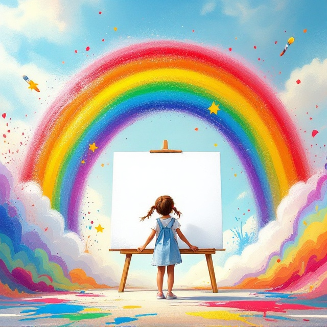 A lively, whimsical scene with a young girl standing in front of a large, magical rainbow that tumbles into a blank artist's canvas. Surrounding her, vibrant splashes of paint and swirling colors fade into a detailed sky with subtle clouds. In the foreground, the canvas stands out as the main focus, with faint traces of rainbow colors appearing as though they've been “spilled” from above. Small magical paintbrushes hover around, adding a creative and fun touch.
