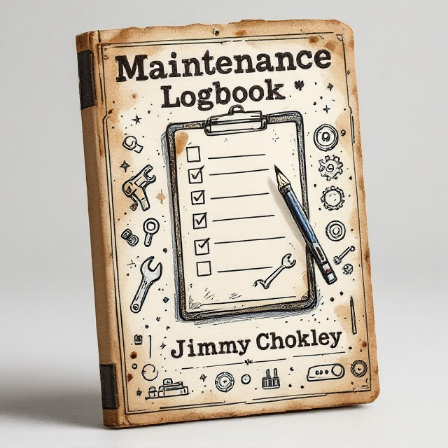 The cover has a textured craft paper background, with subtly worn, dark edges to evoke a rustic feel. In the center is a hand-sketched illustration of a slightly tilted clipboard with a visible checklist and faint pencil strokes for an authentic look. Surrounding the clipboard, a collection of hand-drawn tools like gears, wrenches, bolts, and a small toolbox are spread across the design in an organized but casual pattern. Coffee stains and faint ink smudges are scattered around the cover, giving it a "well-used" logbook appearance.