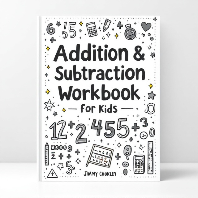 The cover is designed in shades of grayscale, with a clean white background. The title "Addition & Subtraction Workbook for Kids" is prominently displayed at the top, surrounded by hand-drawn grayscale illustrations of numbers in various playful fonts, plus and minus signs, simple calculators, abacuses, and rulers. Dotted and dashed borders frame the entire cover, while scattered small stars and geometric shapes like triangles and circles add a whimsical touch.