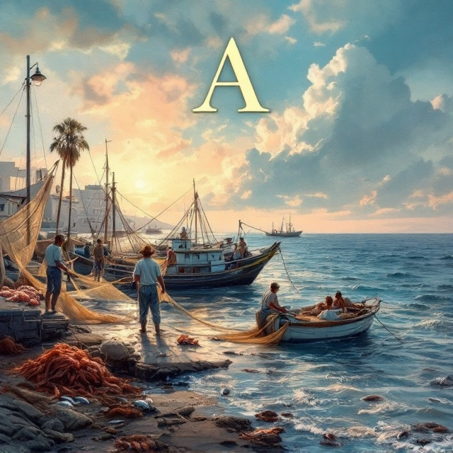 A serene and captivating seaside scene depicting traditional fishing boats docked at the harbor, their nets spilling over onto the dock. In the foreground, weathered fishermen in traditional attire are mending nets, while behind them, vibrant fishwives (peixeiras and varinas) are seen selling fresh fish. A backdrop of a soft sunrise sky in shades of orange and blue merges with the deep azul mar tones of the water. Glistening fish details catch light here and there in the foreground, adding depth.