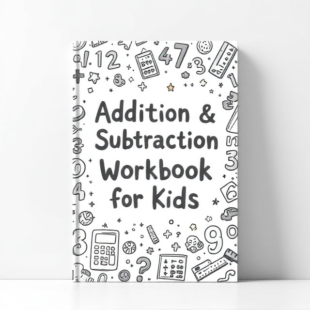 The cover features playful, large grayscale numbers scattered over a clean white background. At the center, the title "Addition & Subtraction Workbook for Kids" is displayed in bold, rounded, and playful typography. Around the title are hand-drawn grayscale illustrations of a calculator, abacus, ruler, plus and minus signs, and swirling geometric patterns. The cover is framed with a dashed black-and-white border. Stars and cloud patterns are lightly placed in the background to add a whimsical touch.