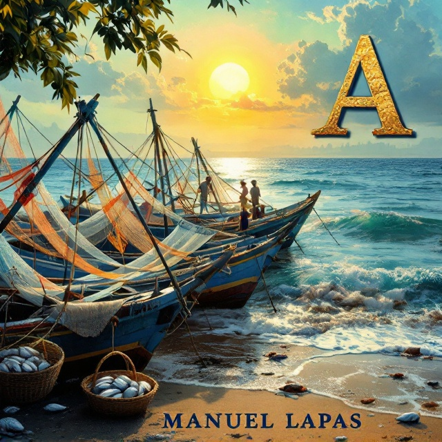 A vivid and immersive design featuring a row of traditional fishing boats docked at the edge of a serene sea under a golden sunrise. Stretched across the boats are colorful fishing nets, with a few fishermen depicted in action, untangling or repairing these nets. On the shore, local fishmongers (fishwives or "varinas") in traditional attire are shown carrying baskets filled with freshly caught fish. The background is lightly adorned with faint silhouettes of Afurada, bringing a cultural and historical context. The waves reflect the blue of the sea, giving a vivid essence of the seaside life.