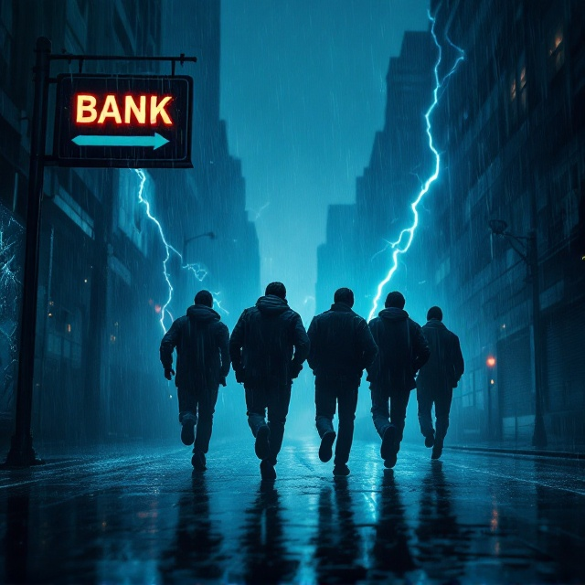A dark, rain-laden cityscape forms the background, with silhouettes of four male figures running away. The figures are slightly blurred to imply motion and urgency. A cracked bank sign in the corner hints at their crime. The scene is drenched in rain, with water droplets beading on the "camera lens" effect. Blue dominates the palette, with contrasting streaks of white lightning cutting across the stormy sky. The title appears glowing faintly amidst the gloom, while rain splatters distort its edges, giving it an electrifying vibe.