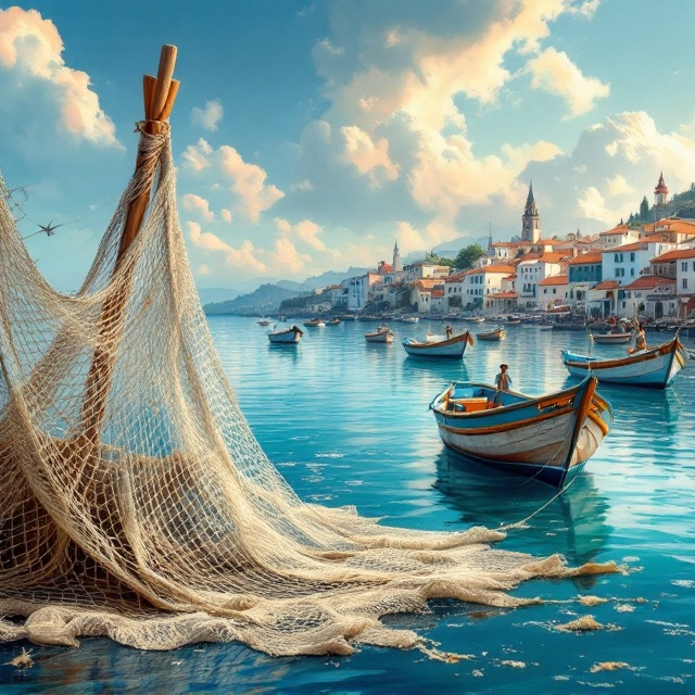 A fishing net prominently draped across the foreground, extending from the bottom-left corner to the mid-center, creating a textured focus element. In the middle distance, traditional fishing boats with weathered wooden surfaces and pastel blue and white paint are anchored, bobbing gently on an idealized, calm, oceanic-blue water. The background includes a painterly depiction of the Afurada village, with rooftops and church spires extending along the horizon, bathed in warm sunlight. Small figures of fishermen and fishwives (varinas) are scattered among the scene, busy with daily tasks – weaving nets, hauling fish baskets, or preparing for the day's labor. The composition radiates both nostalgia and epic grandeur, with an artistic yet realistic treatment.
