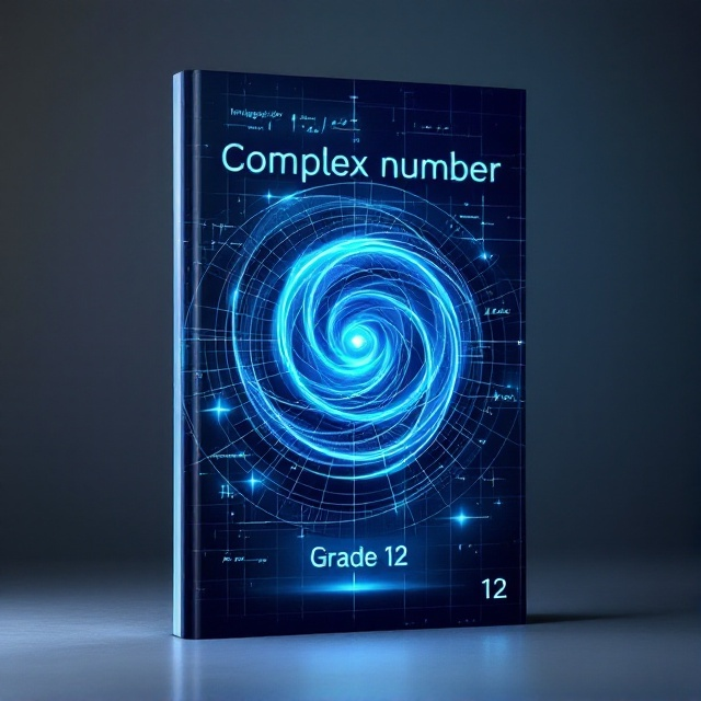 An abstract, swirling visualization of a complex plane in a deep, cosmic blue palette juxtaposed with glowing lines and dots representing imaginary and real number axes. A faint grid pattern overlays the background, giving it a technological, scientific feel. Centered above and below the central spiral are mathematical symbols and equations subtly incorporated, fading in and out of visibility.