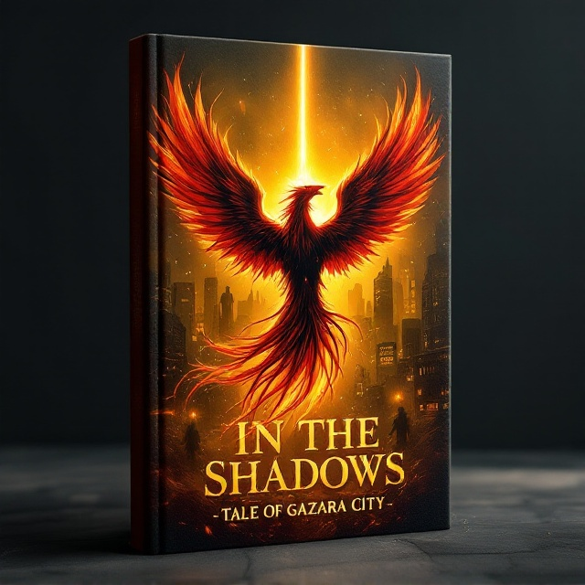 A powerful rising phoenix emerging from shimmering embers in the foreground, symbolizing strength and rebirth. Behind the phoenix, a dark, eerie Gazara Cityscape with faintly glowing windows that hint at secrets. A barber shop is subtly integrated into the golden-yellow haze—its silhouette softly visible, blending the mundane with the fantastical. Masked vigilantes in faint, shadowy forms are positioned on either side of the bird, keeping them mysterious yet intriguing. A radiant beam of light pierces the sky, casting a hopeful glow on the scene. The colors are a mix of bold crimson, gold, and dark indigo to emphasize both mystery and hope.
