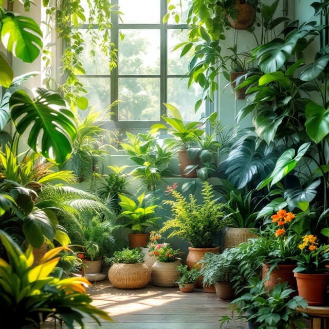 A vibrant background featuring a photograph of a cozy, well-lit indoor space filled with lush, diverse indoor plants, such as monstera leaves, ferns, succulents, and small flowering plants. The plants are arranged organically to make the scene feel natural and inviting. The image includes soft rays of sunlight streaming through a window, creating a warm and tranquil atmosphere. Bright colors like rich greens and yellows dominate to catch attention.