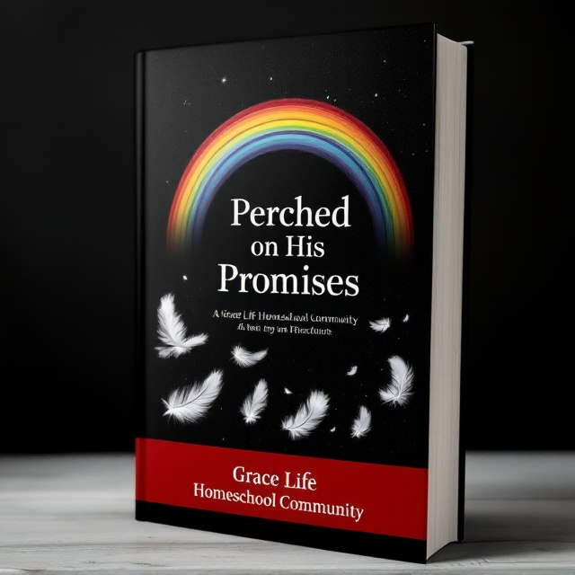 A dark, glossy black background with a vivid, arched translucent rainbow stretching across the middle, embodying hope. Below the rainbow, soft white feathers float against the black backdrop, adding a sense of lightness and serenity. A bold red streak subtly frames the bottom, blending into the design to add depth.