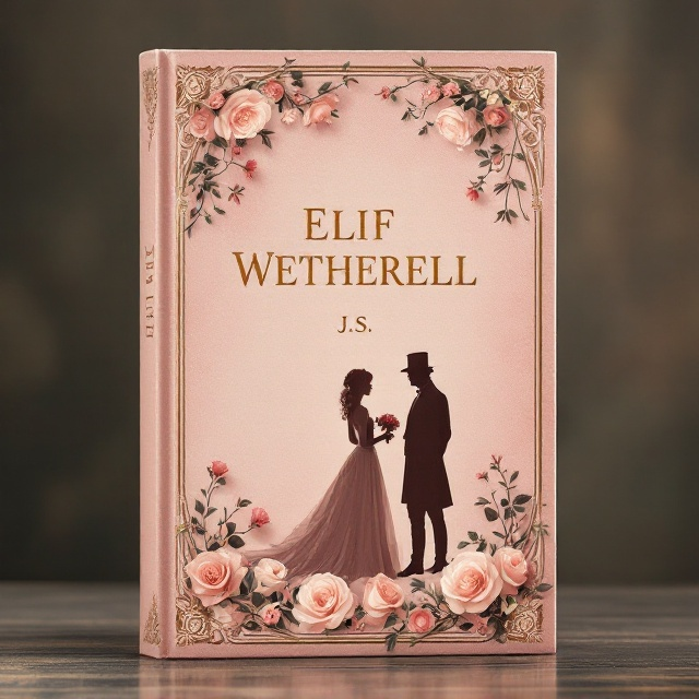 A vintage-style cover with a dreamy, faded rose-pink background textured to mimic aged parchment. In the foreground, a delicate arrangement of blooming roses and climbing rose vines frame the edges, curling like whispers of secrets. In the center, a silhouette of a woman with soft, flowing curls dressed in an elegant 18th-century gown stands with her back to the viewer. She is holding a bouquet of roses, looking over her shoulder toward a shadowed figure of a mysterious man in a long coat and top hat. The roses and silhouettes are subtly embossed, creating depth. Gold-foil Victorian-style ornaments decorate the corners.