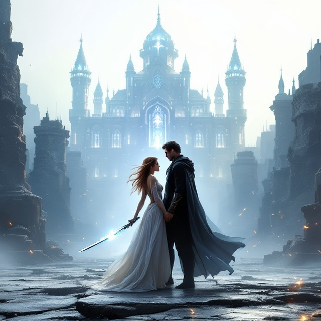 Emmalyn and Koa are the central focus of the cover. Emmalyn stands prominently at the front, gripping her silver curved scimitars, her honey-brown hair flowing softly, and her silver crescent moon rings with the blue lily glint subtly. Koa stands slightly behind her, taller, his black cloak billowing as an aura of mystery surrounds him. The background features a grand, lush castle with glowing blue and white accents, set against a pale, misty white sky. A battle-torn ground stretches beneath their feet, scattered with faint glimmers of silver to hint at past struggles. Dim glowing ethereal light forms around them, giving a sense of destiny and protection.