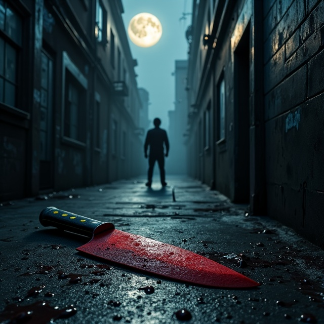 A dark alley stretches vertically into the background, lit dimly by a full moon that hangs sinisterly in the upper left corner. At the forefront, the silhouette of a large blood-drenched knife lies diagonally on the right side of the composition, with drops of blood glistening under the moonlight. The end of the alley reveals a shadowy figure partially shrouded in mist, standing ominously. The walls of the alley are drenched in shadows and graffiti, creating a gritty and dangerous atmosphere.
