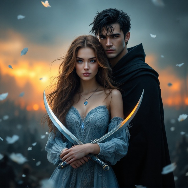 The cover features Emmalyn and Koa front and center. Emmalyn stands confidently in the foreground, her honey-brown hair cascading slightly over her shoulders, holding two gleaming silver curved scimitars crossed over her chest. Her silver crescent moon rings with the blue lily are subtly glowing, symbolizing hope and magic. Behind her stands Koa, tall and brooding, clad in his black cloak with his sharp black hair tousled. The background transitions from a dimly lit battlefield—cluttered with faint silhouettes of warriors locked in combat—to a fading ethereal sky infused with hues of fiery orange and somber blue. White petals of the blue lily float around them, a blend of hope and sorrow. The color contrasts involve an interplay of deep shadows, silvers, and warm tones to evoke heartfelt yet somber emotions of love and war.