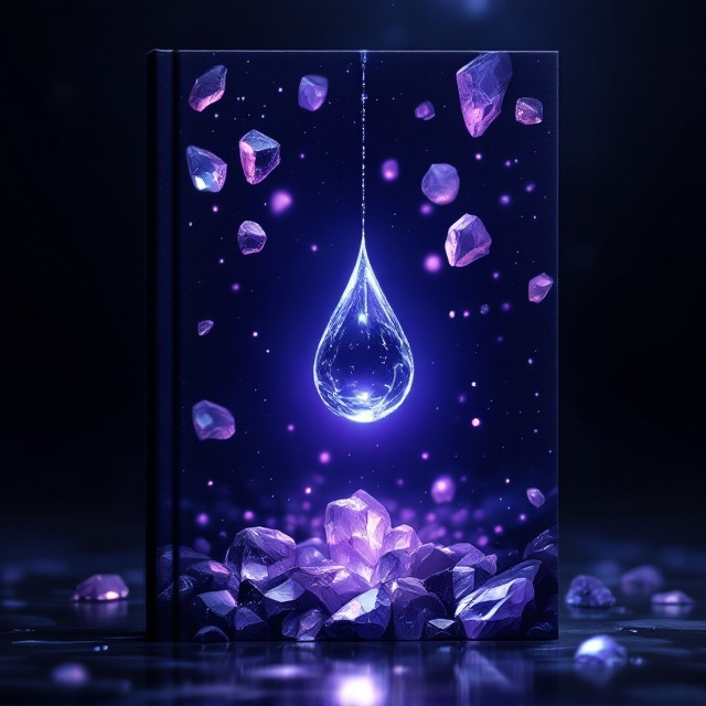 The cover is enveloped in deep, midnight indigo hues, with a faint gradient illuminating faint purples and blues. From the top, a single, shimmering teardrop—the texture slightly crystalline—descends through the center of the frame, exuding soft iridescent light. Surrounding the teardrop are scattered amethyst stones, glowing faintly, suspended in uneven clusters that give a mystic, gravity-defying effect. The stones vary in size, with some sharp crystalline edges reflecting soft light and others appearing worn and smooth. The edges of the cover fade into darker tones, giving a vignette framing to heighten the sense of depth.