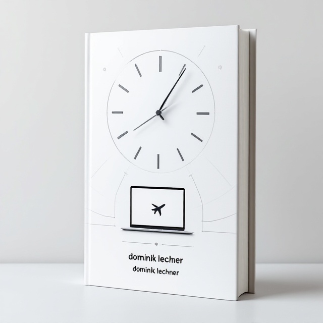 The cover features a central, minimalist abstraction of a clock face, composed of clean, geometric shapes. The clock hands subtly point to an aesthetically symmetrical time (e.g., 1010), conveying balanced time management. Beneath the clock design, a sleek laptop with a simple airplane icon on its screen subtly represents digital nomadism. The background is predominantly white, with faint, concentric circles resembling world-time zones or network connectivity extending outward from the clock. A thin, horizontal line separates the icons from the author’s name at the bottom, adding further structure.