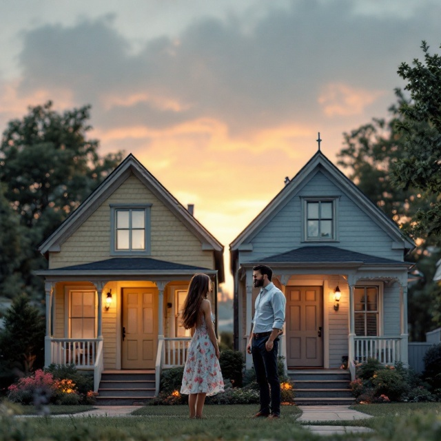 Two picturesque suburban houses sit close together against a softly lit dusk sky, giving off a serene and romantic vibe. The left house has a warm, cozy yellow tone, while the right house is a calm, neutral blue-gray. Standing on their respective porches, the woman with flowing brown hair wears a pastel-colored sundress, appearing contemplative yet hopeful, while the tall dark-haired man, in rolled-up sleeves and casual attire, leans casually on his doorway with an enigmatic, gentle expression. Between the two houses, a soft blur suggests an emotional connection. Warm, romantic lighting highlights the quiet intimacy.