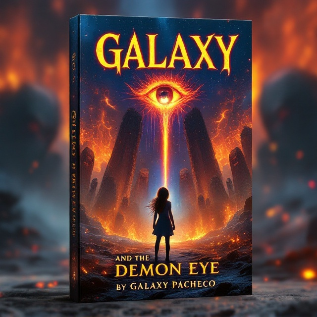 The cover features an apocalyptic fantasy landscape with a fiery backdrop. Towering demonic figures surround a central focus—a fearsome, vivid, glowing demon eye hovering ominously. Acid rain streaks diagonally across the scene, blending with smoldering flames. At the center of it all stands a young girl named Galaxy, her stance defiant, framed by a faint, magical aura—a mixture of blues and purples—to visually separate her from the chaos around. There are embers rising from the ground, adding subtle motion to the scene.