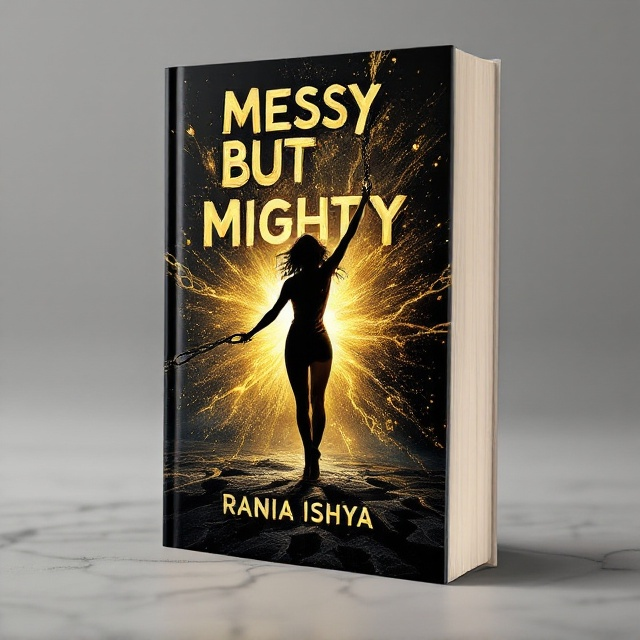 A striking visual of a woman in the center of the cover, mid-action breaking thick, dark chains. Behind her, a radiant golden aura glows brighter as it ripples through a dusty-black gradient background. Gold sparks swirl around her as cracks on the ground suggest an unleashing of power and resilience. Subtle elements like gold paint strokes or abstract swirling patterns blend seamlessly into the background, symbolizing chaos turning into growth and triumph.