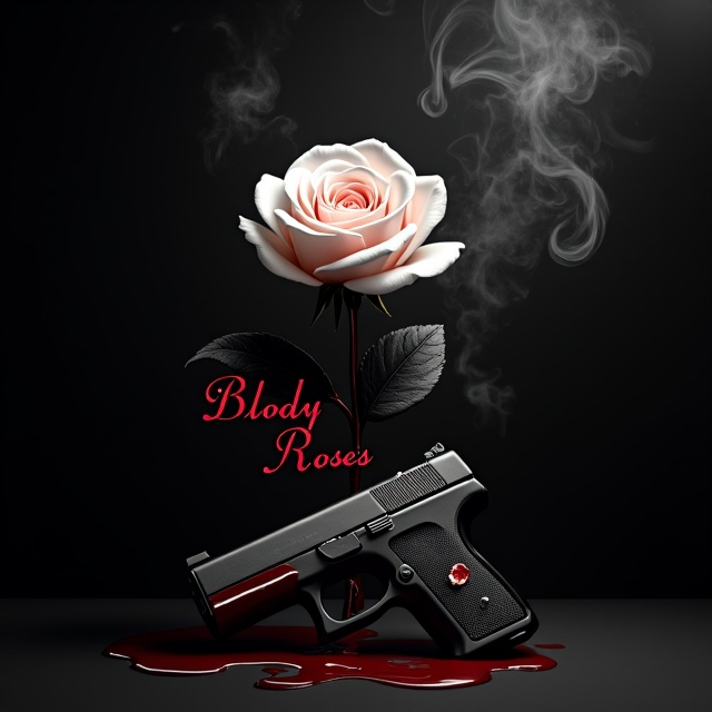 A stark black background sets the stage, creating a mysterious atmosphere. Centered is a pristine white rose, drenched in blood, with crimson drops spreading outward. A sleek, modern pistol rests below the flower, its metallic sheen catching the light subtly. Delicate spirals of gray smoke weave through the composition, blending with soft shadows to create depth and evoke a sense of danger and intrigue.