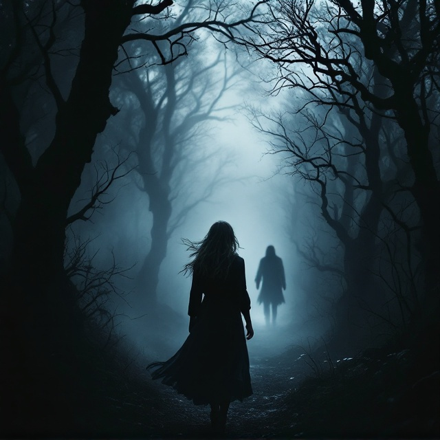 A foggy forest drenched in dark shades of grey fills the background, with twisted branches clawing at the edges of the cover. Emerging from the fog is a sinister, blurred shadow. A young woman, with faint, flowing hair, walks ahead, unaware of the dark figure haunting behind her. Hints of spectral light swirl subtly around the woman's silhouette, giving the illusion of fleeting memories or echoes of a past life. The cover's lighting is dim with a high-contrast effect, creating a chillingly mysterious atmosphere.