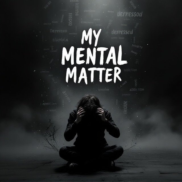 A shadowy individual sits on the floor in the center, pulling their hair with both hands. Their face is dimly lit, emphasizing tears falling down their cheeks. Surrounding the person, floating in fragmented, chaotic typography, are words like "depressed," "suicide," "anxiety," "bi-polar," and "addiction." The somber background features dark, stormy gray tones, with faint hints of light piercing through—a metaphor for hope. The edges of the cover fade into near-black, creating a closed-in, suffocating feel while pulling the reader’s attention into the center figure.