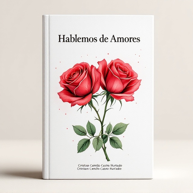 A minimalistic illustration of two vibrant red roses, intertwined at their stems, set against a soft, textured white background. Subtle watercolor brushstroke details are visible on the roses to add depth and emotion. Delicate shadows fall from the flowers, conveying warmth and intimacy.