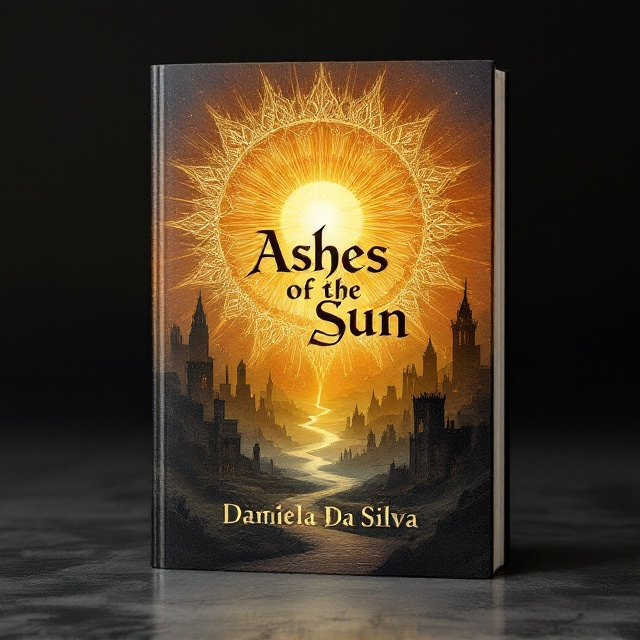 A radiant golden sun dominates the upper part of the cover, with intricate medieval-style filigree radiating outwards to create an almost magical halo effect. The background transitions from a smoky gray at the bottom to a warm, glowing amber towards the sun, symbolizing the "ashes" and the "sun." Silhouettes of ruined medieval castles and winding pathways are nestled at the bottom to suggest mystery and a sense of an ancient world. A faint texture resembling aged parchment adds a timeless and worn feel.