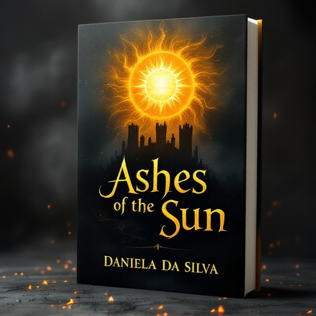 The cover features a golden yellow medieval sun, radiant like an ancient carving, positioned at the top-center against a backdrop of a shadowed castle silhouette. The lower half fades into a smoky, mysterious gradient of deep gray-black with faint embers scattered across. Surrounding the image are faint swirling clouds of dust, creating a sense of decay and magic.