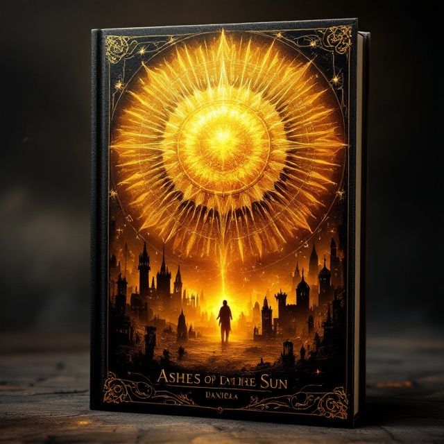A glowing, oversized golden sun dominates the upper center of the cover, radiating light across the design. The intricate details of the sun take inspiration from medieval heraldry, with ornate rays and symbols etched within the sun’s core. Beneath it, a shadowy medieval cityscape emerges through curling mists, invoking mystery and fantasy. The entire background is visually textured with golden hues fading into darker tones like burnt orange and deep brown to represent ashes and evoke a sense of decay. Fine runic symbols subtly blend into the edges for a magical touch.