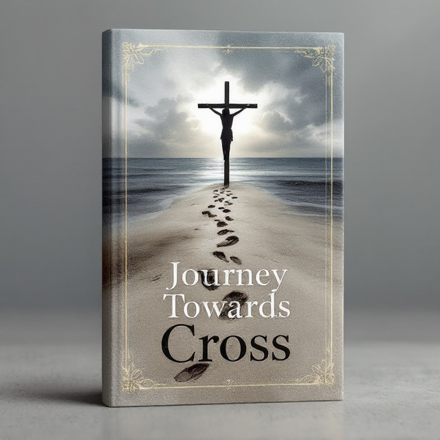 On a grey-toned sky and seashore background, we see an abstract rendition of Jesus on the cross placed in the upper-central midpoint of the cover. The cross is silhouetted against a dim, cloudy sky to evoke solemnity. Starting at the bottom-left corner of the cover, a series of footprints lead diagonally across the sand towards the cross, fading out as they near it, suggesting a journey with emotional weight. Gentle ripples of water and textured sand add subdued realism to the mood.